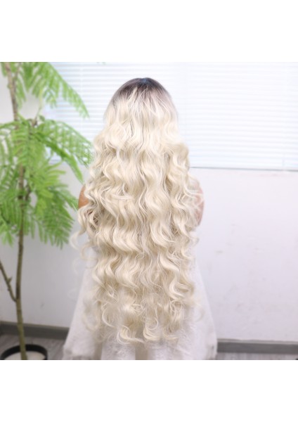 Kumral Beyaz Platin Ombreli Ekstra Uzun Fiber Sentetik Dalgalı Tül Peruk indirimleri