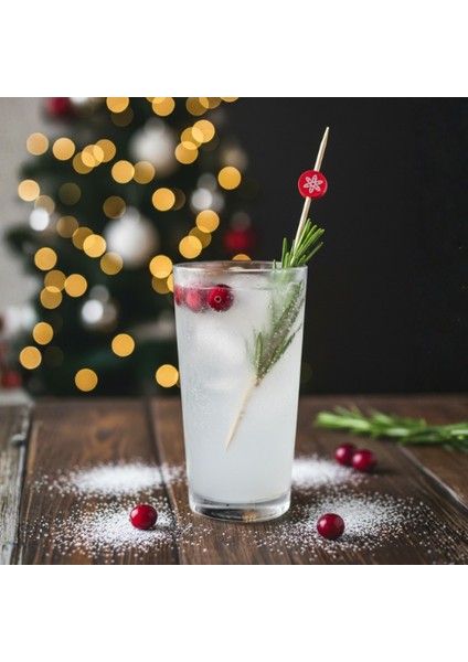 12 Adet Kar Tanesi Baskılı Kırmızı Ahşap Kokteyl Kürdanı - Yılbaşı Aperatif ve Meze Süsü