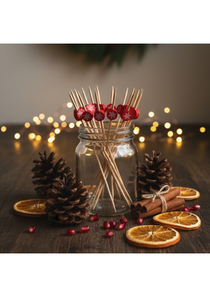 12 Adet Kar Tanesi Baskılı Kırmızı Ahşap Kokteyl Kürdanı - Yılbaşı Aperatif ve Meze Süsü fiyatları