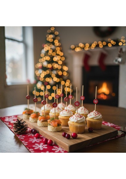 12 Adet Kar Tanesi Baskılı Kırmızı Ahşap Kokteyl Kürdanı - Yılbaşı Aperatif ve Meze Süsü modelleri