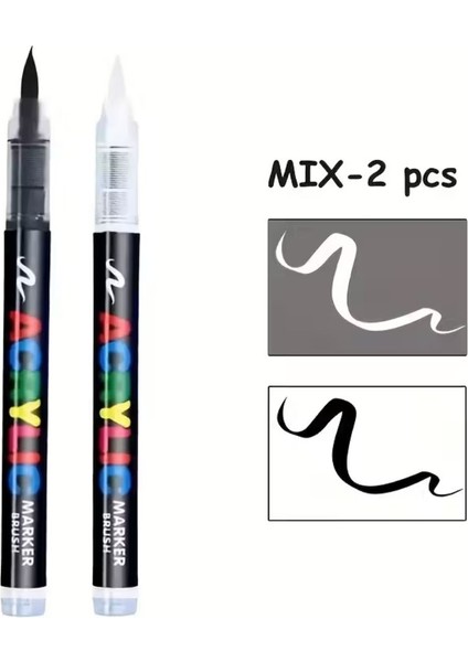 Art Tone 2'li Siyah Beyaz Akrilik Marker Fırça Uçlu Keçeli Kalem Seti Posca Gibi Taş Kağıt Metal Tahta Cam