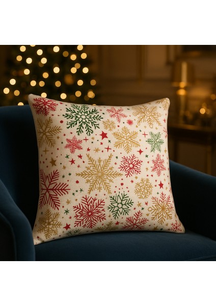 Krem Zeminli Yılbaşı Kırlent Kılıfı – Çok Renkli Kar Tanesi Desenli