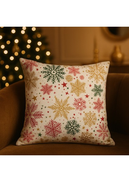 Krem Zeminli Yılbaşı Kırlent Kılıfı – Çok Renkli Kar Tanesi Desenli fiyatları