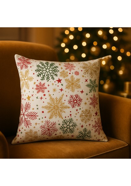 Krem Zeminli Yılbaşı Kırlent Kılıfı – Çok Renkli Kar Tanesi Desenli modelleri