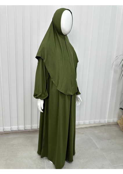 Çocuk Namaz Elbisesi Hazır Eşarbı ile Takım Haki Yeşili