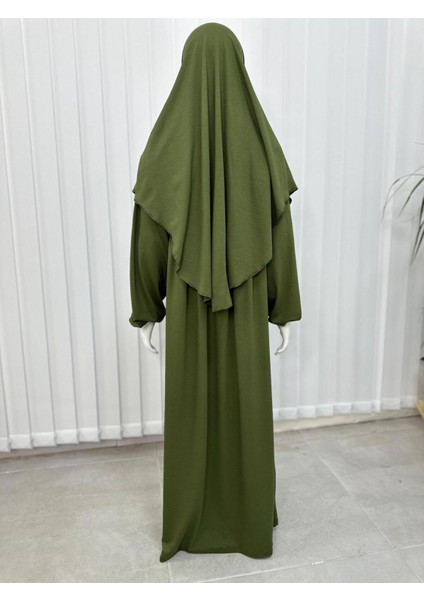 Çocuk Namaz Elbisesi Hazır Eşarbı ile Takım Haki Yeşili modelleri