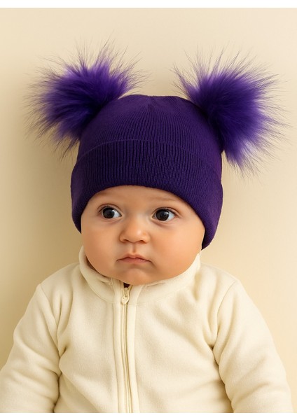 Kız Bebek Çift Ponponlu Triko Bere Standart 0-3 Yaş