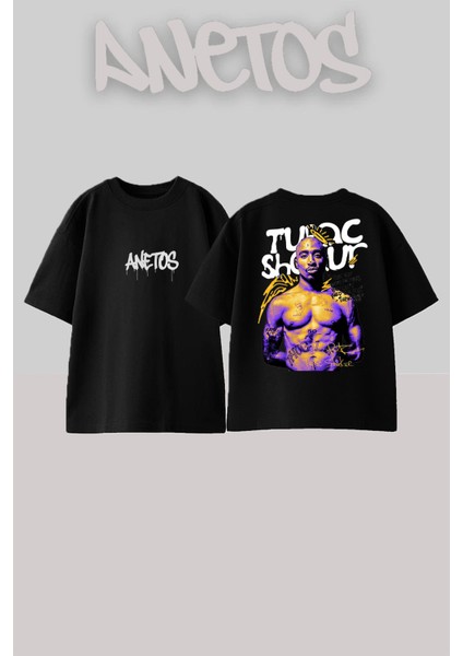 Tupac Tasarım Sırt Baskılı Pamuk Siyah Oversize T-Shirt