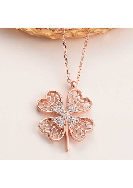 925 Ayar Gümüş Rose Dört Yapraklı Yonca Kadın Kolye T8017 (800800)