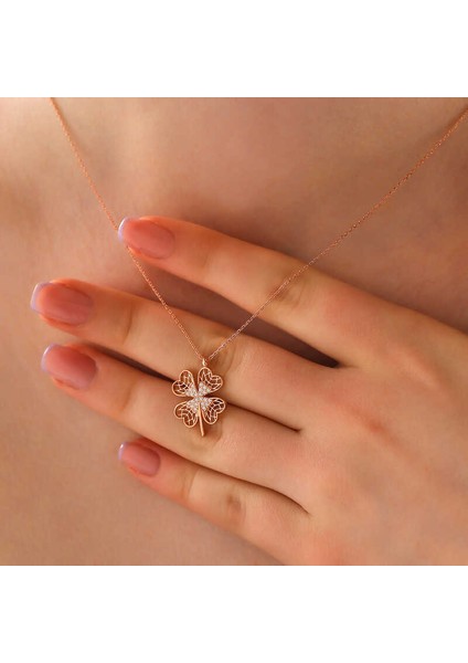 925 Ayar Gümüş Rose Dört Yapraklı Yonca Kadın Kolye T8017 (800800) fiyatları