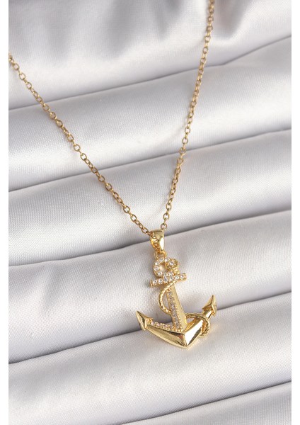 316L Çelik Gold Renk Zincir Zirkon Taş Detaylı Çapa Model Kadın Kolye - TJ-BKO9950