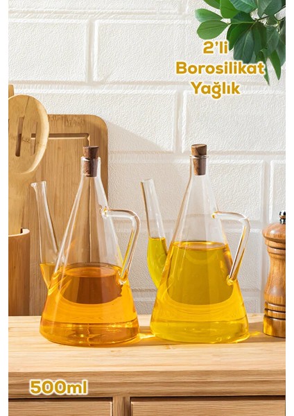 Çoş Pin Damlatmaz Borosilikat Cam Yağlık Seti 2'li (2X500 Ml) - Sızdırmaz Zeytinyağlık Sirkelik