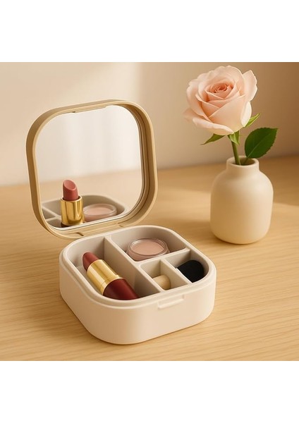 Taşınabilir Mini Takı ve Makyaj Kutusu – Aynalı, Çok Bölmeli, Kompakt Organizer