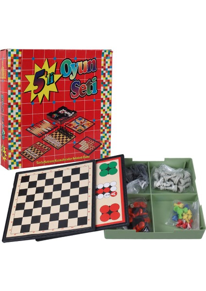 5'li Oyun Seti - (Tavla- Satranç-Kızmabirader-Solotest-Dama)