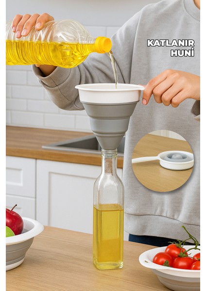 Yer Kaplamaz Katlanır Huni - Şişe Kavanoz Bidon Hunisi - Katlanabilir Akordiyon Huni - Silikon Huni
