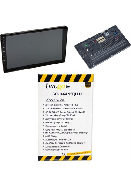 GO-I464 Android Monitör 9 Inç QLED Hd Dokunmatik Ekran (Carplay, 4GB+64GB, 60WX4, Bt) modelleri