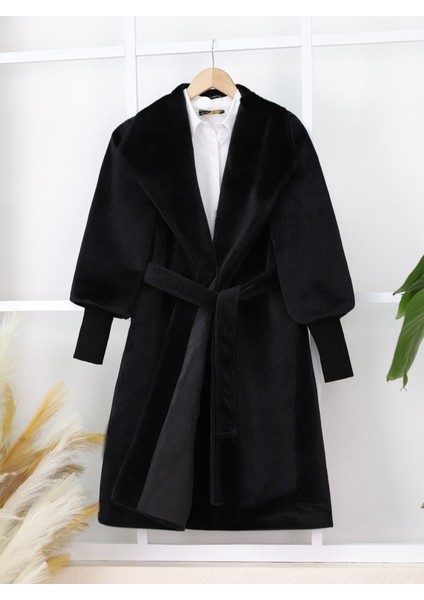 Alpaco Kolu Ribanalı Şal Yaka Astarlı Kaşe Kaban -Siyah -Collectıon