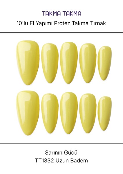 10'lu Sarı Kısa Badem TT1332 Tekrar Kullanılabilir El Yapımı Protez Takma Tırnak Sarı-M