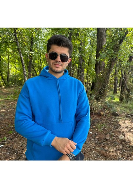 Erkek 3 Iplik Basic Oversize Kanguru Cepli Kapüşonlu Sweatshirt