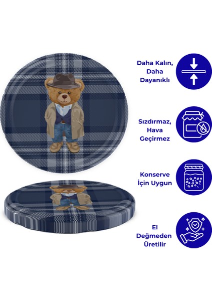 Hijyenik Paketli 10 Adet Kavanoz Kapağı – Yılbaşı Seri – Teddy Ekose 82 mm modelleri