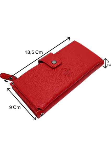 Hakiki Deri El ve Omuz Askılı El Bandlı ve Telefon Bölmeli Kadın Cüzdanı - Kırmızı