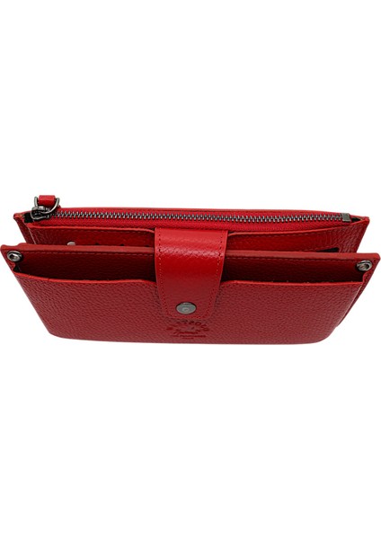 Hakiki Deri El ve Omuz Askılı El Bandlı ve Telefon Bölmeli Kadın Cüzdanı - Kırmızı indirimleri