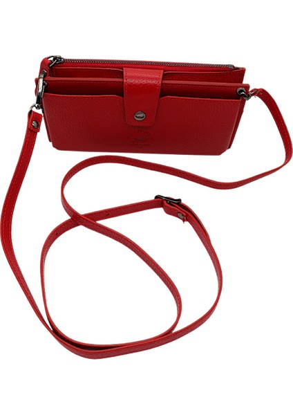 Hakiki Deri El ve Omuz Askılı El Bandlı ve Telefon Bölmeli Kadın Cüzdanı - Kırmızı