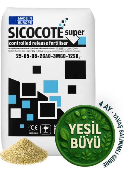 Sıcocote® Super Kontrollü Salınımlı Gübre 25-5-8 + 2cao + 3mgo + 12SO₃ | 3-4 Ay Etkili | Made In Eu | 25KG