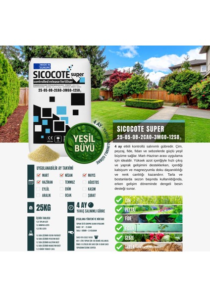 Sıcocote® Super Kontrollü Salınımlı Gübre 25-5-8 + 2cao + 3mgo + 12SO₃ | 3-4 Ay Etkili | Made In Eu | 25KG fiyatları