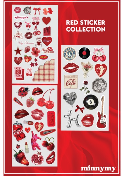 3'lü Red Collection Sticker, Çıkartma, Ajanda, Günlük, Planlayıcı, Bullet Journal ,scrapbook