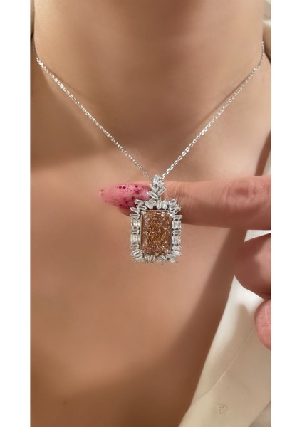 Ithal Yüksek Kalite Üretim Radiant Kesim Pembe Pırlanta Montür Dikdörtgen Model Kolye 925