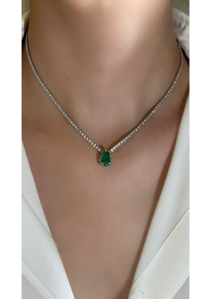 Zümrüt Yeşili Özel Taş Damla Form Su Yolu Kolye 925 Ayar Gümüş