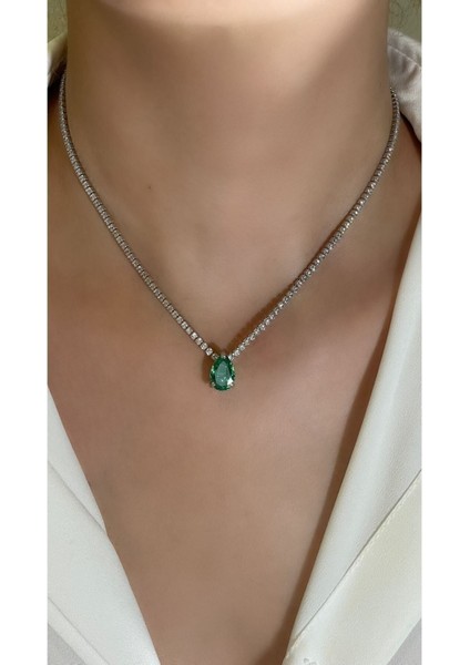 Zümrüt Yeşili Özel Taş Damla Form Su Yolu Kolye 925 Ayar Gümüş modelleri