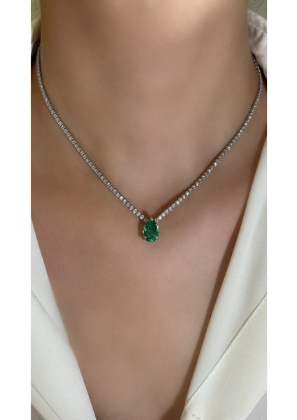 Zümrüt Yeşili Özel Taş Damla Form Su Yolu Kolye 925 Ayar Gümüş indirimleri