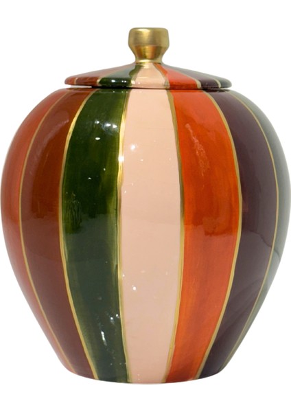 Haki & Kahve Çizgili Seramik Kapaklı Küp