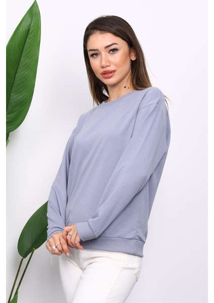 Gri Bisiklet Yaka İki İplik Sweatshirt