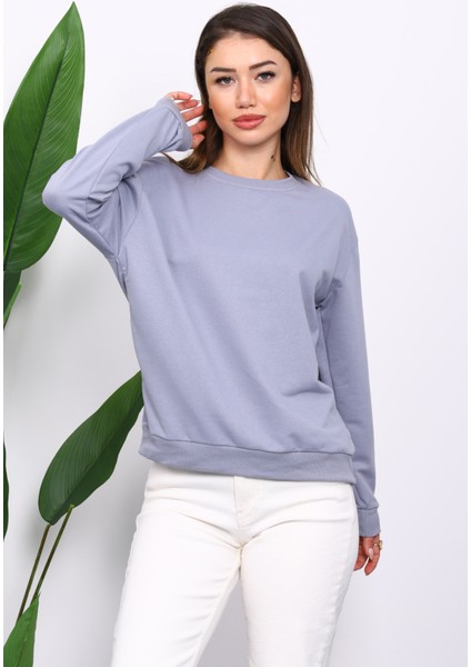 Gri Bisiklet Yaka İki İplik Sweatshirt modelleri