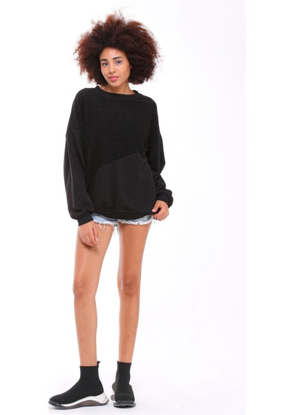 Kadın Bisiklet Yaka Garnili Sırt Detaylı Oversize Sweatshirt modelleri