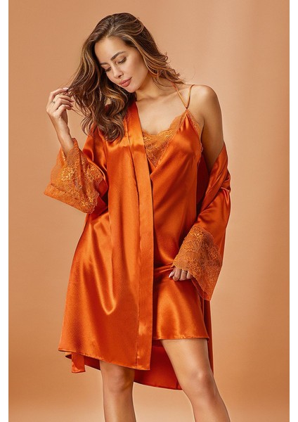 Kadın Amber Saten Gecelik & Sabahlık 2'li Gelin Çeyiz Takımı 5336