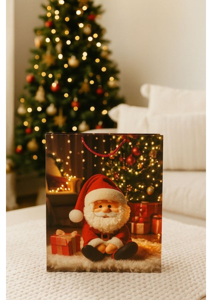 3 Boyutlu Küçük Noel Babalı Yılbaşı Temalı Hediye Paketi & Çanta & Poşet 23*18*10 cm