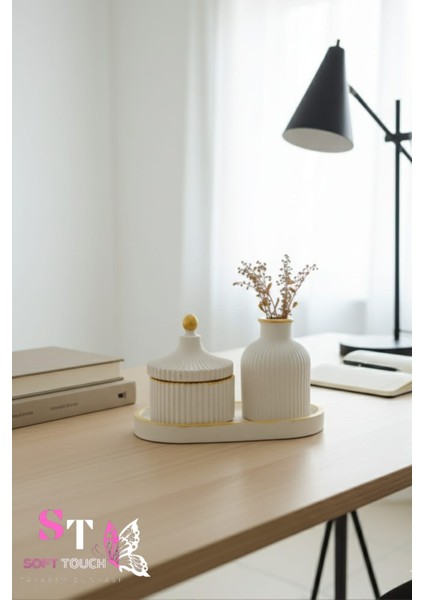 Soft Bohem gold detaylı dekoratif kutu Vazo Üçlü Set