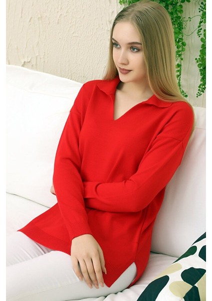 Kadın V Yaka Polo Uzun Kol Yırtmaçlı Basic Triko Kazak