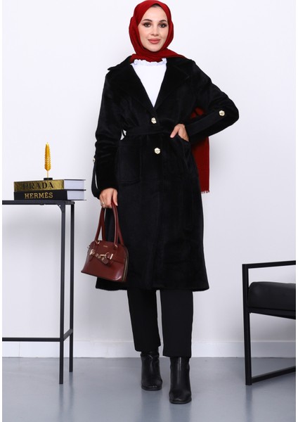 Siyah Kruvaze Yaka Kol Apoletli Angora Kaban