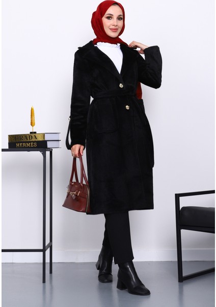 Siyah Kruvaze Yaka Kol Apoletli Angora Kaban fiyatları