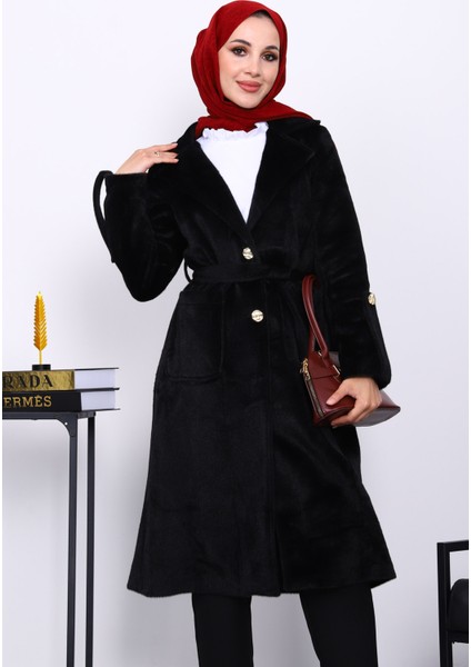 Siyah Kruvaze Yaka Kol Apoletli Angora Kaban modelleri