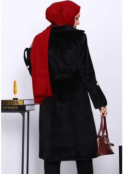 Siyah Kruvaze Yaka Kol Apoletli Angora Kaban fırsatları