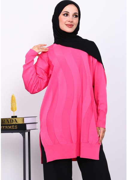 Fuşya Bisiklet Yaka Soğuk İplik Triko Tunik