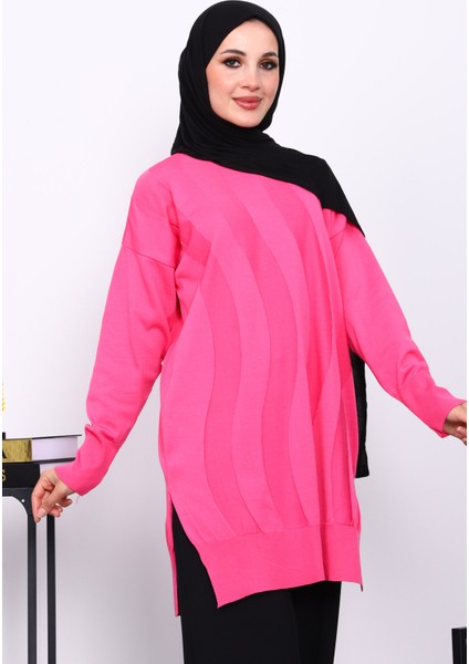 Fuşya Bisiklet Yaka Soğuk İplik Triko Tunik modelleri