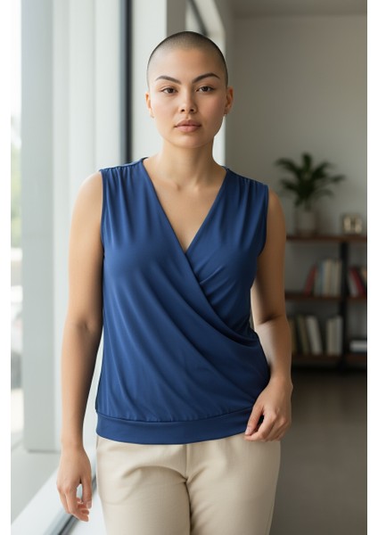 Büyük Beden Sandy Kruvaze Yaka Kolsuz Bluz