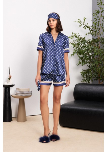 Saten Biyeli Kadın Pijama Takımı - 1325 Lacivert